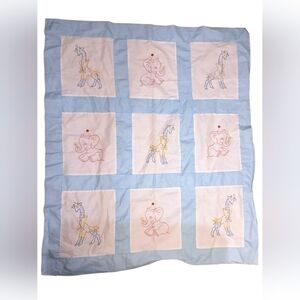 Vintage Quilt Topper Hand Made Hand Embroidred 9 Squares With Blue Edging